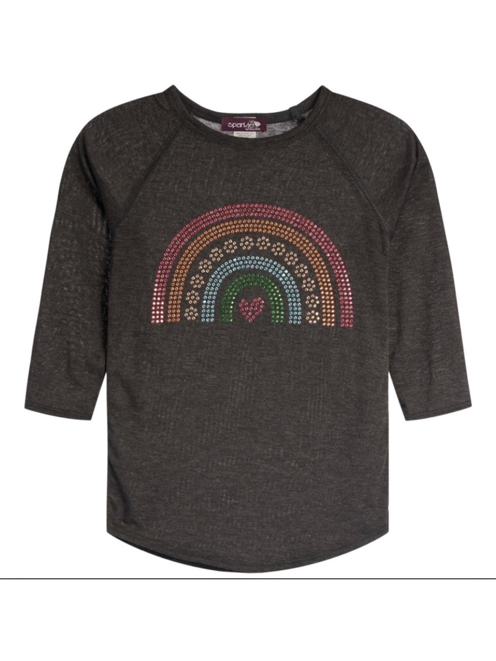 Sparkle by Stoopher Rainbow Rhinestone T-Shirt Sz 14 Charcoal Gray 3/4 Sleeve